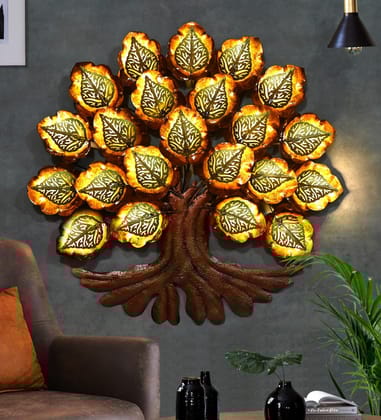 Handmade Iron Leaf Tree Wall Decor with LED Lights, Handcrafted Metal Wall Art For Home Decor