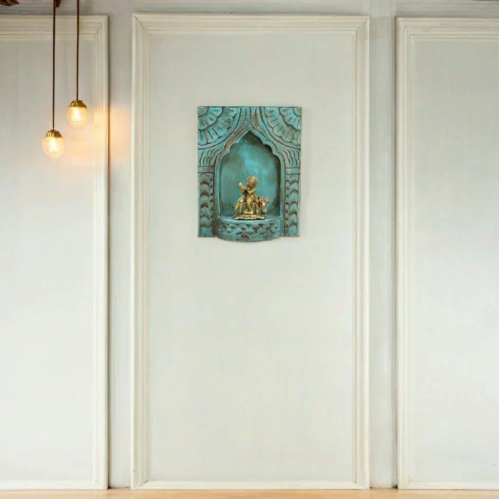 Handcrafted Wooden Wall-Jharokha with Brass Krishna Statue,-Handcrafted Turquoise Wall-Mounted Shrine with Intricate Carvings Pooja Room Decor