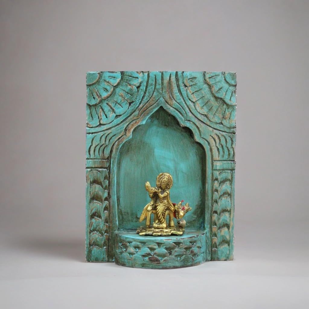 Handcrafted Wooden Wall-Jharokha with Brass Krishna Statue,-Handcrafted Turquoise Wall-Mounted Shrine with Intricate Carvings Pooja Room Decor