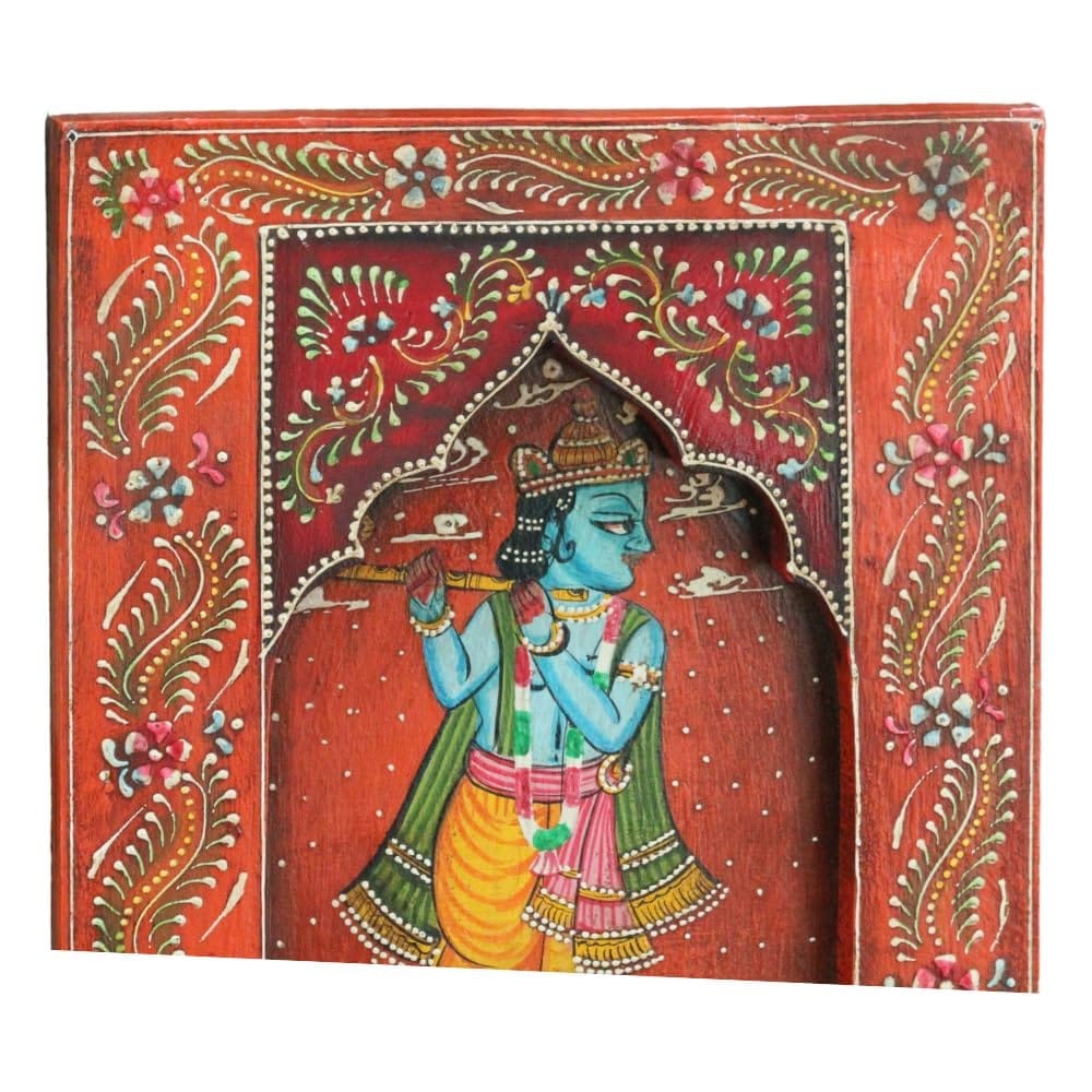 Hand-Painted Wooden Krishna Wall Frame Decor, Vibrant Traditional Indian Art
