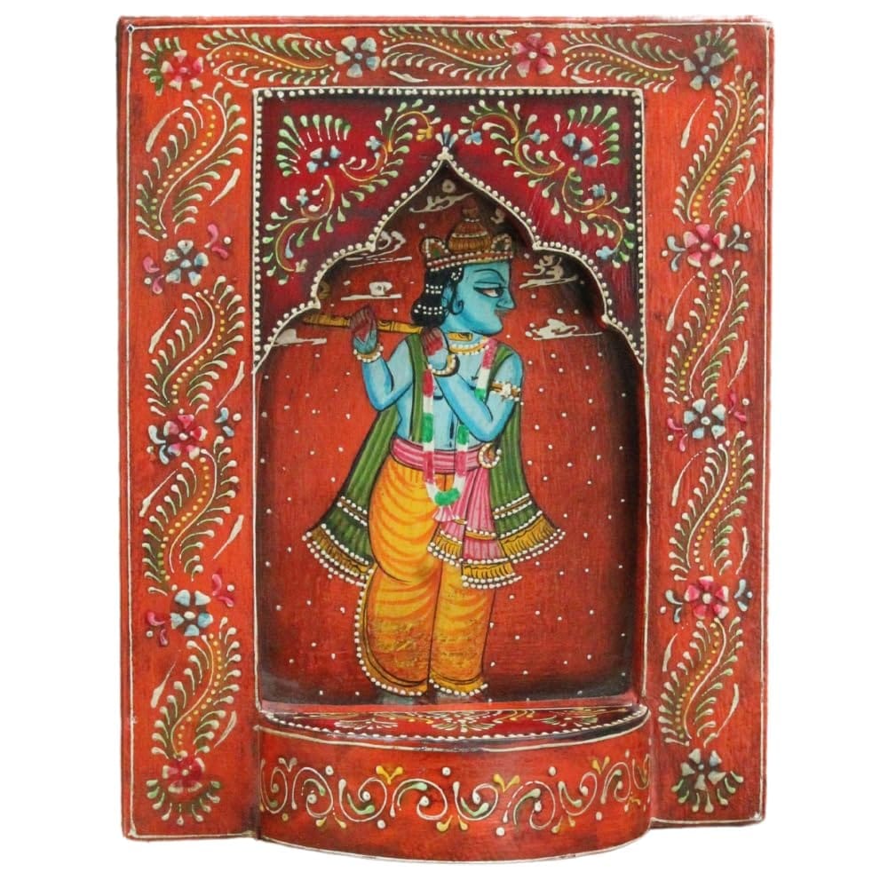 Hand-Painted Wooden Krishna Wall Frame Decor, Vibrant Traditional Indian Art