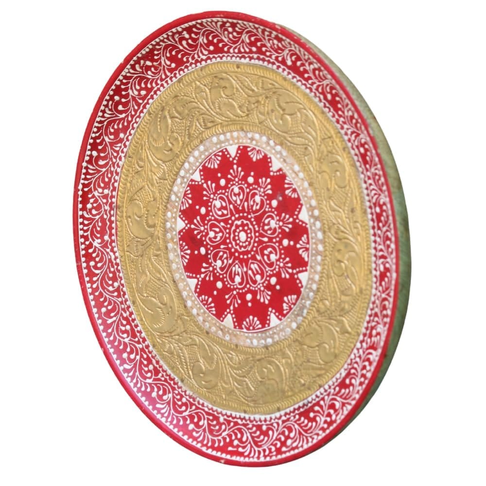 Handcrafted Wooden Decorative Plate with Brass Carving, 30 cm Diameter, Red and Gold for Pooja Room -Wall Decor pilets
