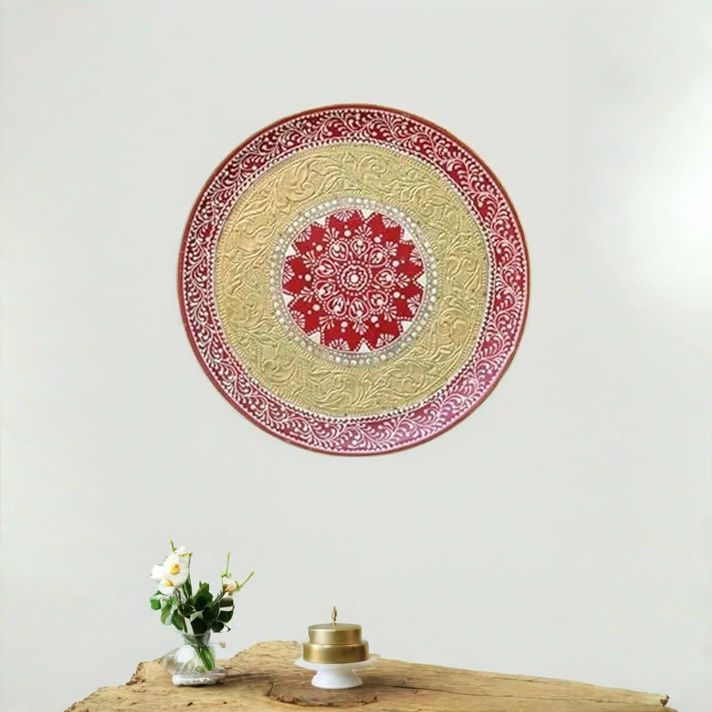 Handcrafted Wooden Decorative Plate with Brass Carving, 30 cm Diameter, Red and Gold for Pooja Room -Wall Decor pilets