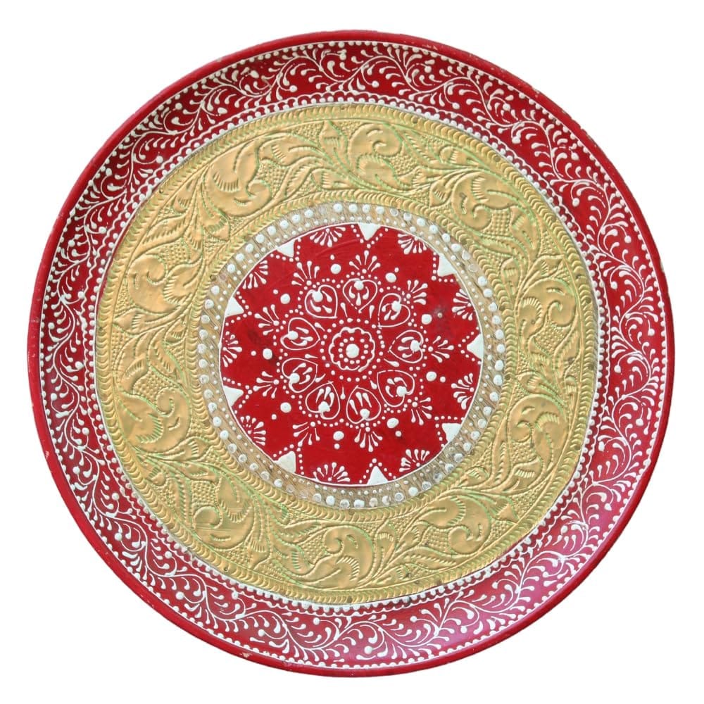 Handcrafted Wooden Decorative Plate with Brass Carving, 30 cm Diameter, Red and Gold for Pooja Room -Wall Decor pilets