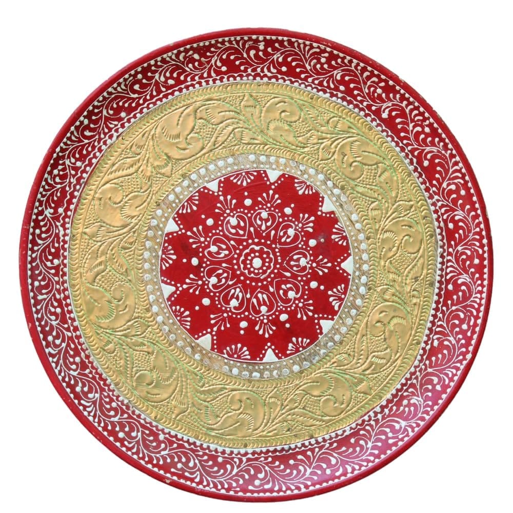 Handcrafted Wooden Decorative Plate with Brass Carving, 30 cm Diameter, Red and Gold for Pooja Room -Wall Decor pilets