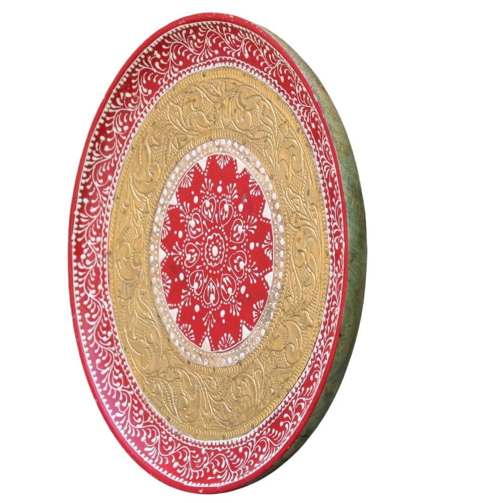 Handcrafted Wooden Decorative Plate with Brass Carving, 30 cm Diameter, Red and Gold for Pooja Room -Wall Decor pilets
