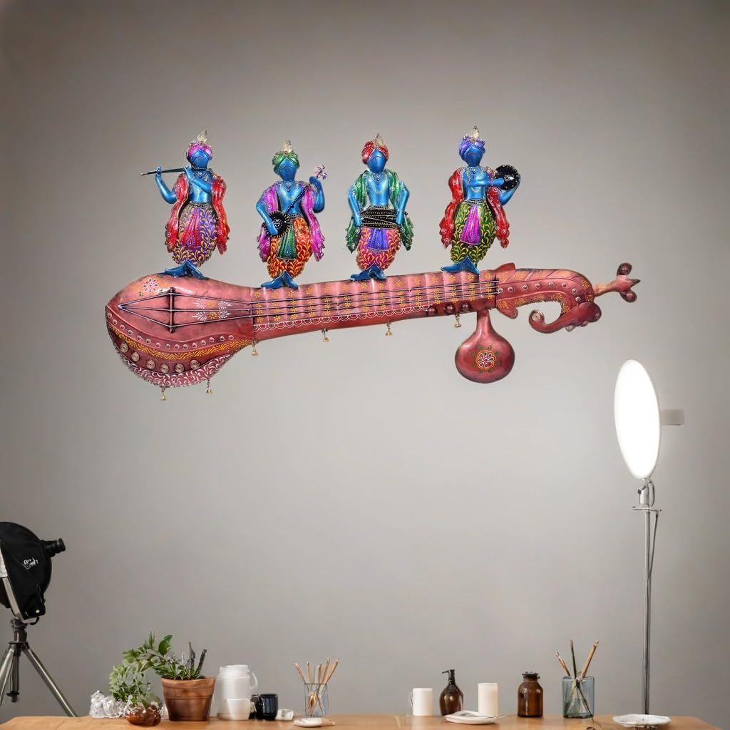 Iron Hand Painted Krishna Gang Musicians on Sitar Wall Decor, 112x53x5 cm, with LED Lighting For Home Decor