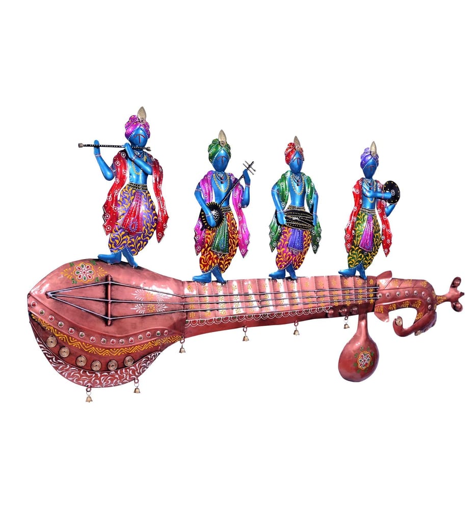 Iron Hand Painted Krishna Gang Musicians on Sitar Wall Decor, 112x53x5 cm, with LED Lighting For Home Decor