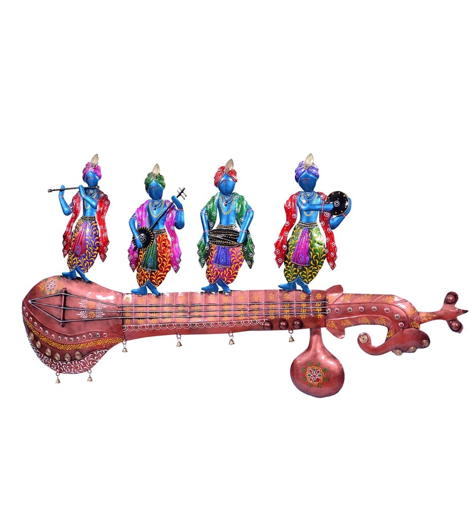 Iron Hand Painted Krishna Gang Musicians on Sitar Wall Decor, 112x53x5 cm, with LED Lighting For Home Decor