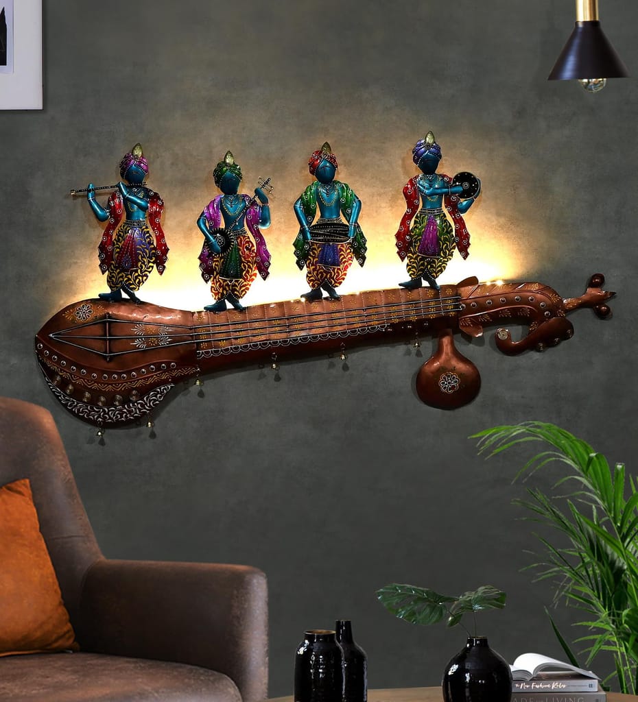 Iron Hand Painted Krishna Gang Musicians on Sitar Wall Decor, 112x53x5 cm, with LED Lighting For Home Decor