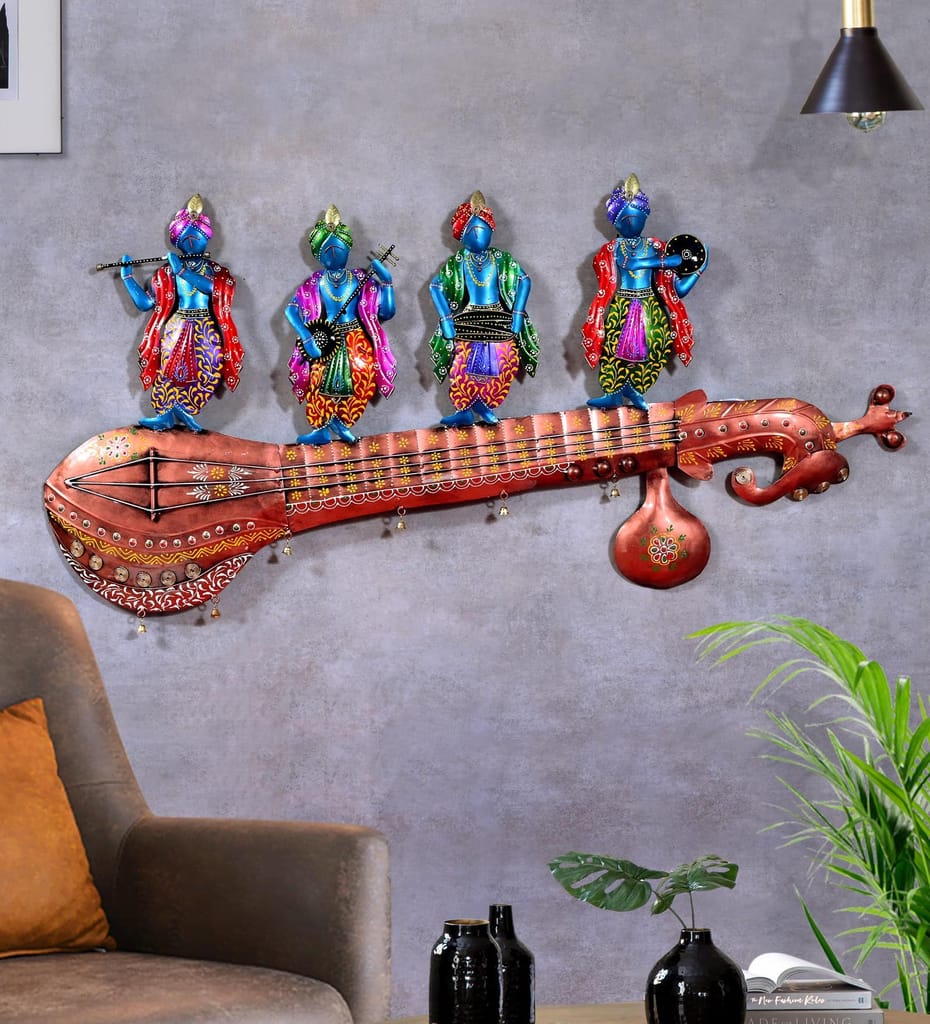 Iron Hand Painted Krishna Gang Musicians on Sitar Wall Decor, 112x53x5 cm, with LED Lighting For Home Decor