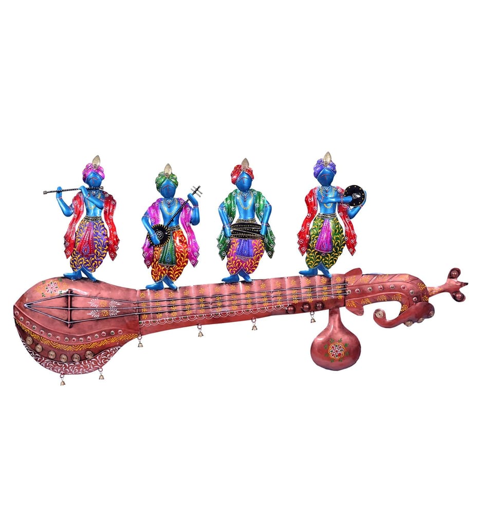Iron Hand Painted Krishna Gang Musicians on Sitar Wall Decor, 112x53x5 cm, with LED Lighting For Home Decor