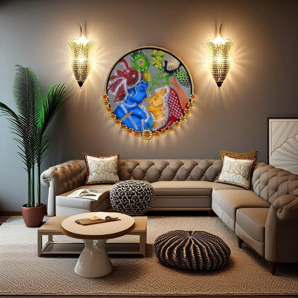 Round Krishna and Radha Metal Wall Art with Peacock LED Lighting, Metal Floral Wall Hanging Perfect for Restaurant, office, caf� & gift 64X64x5 cm