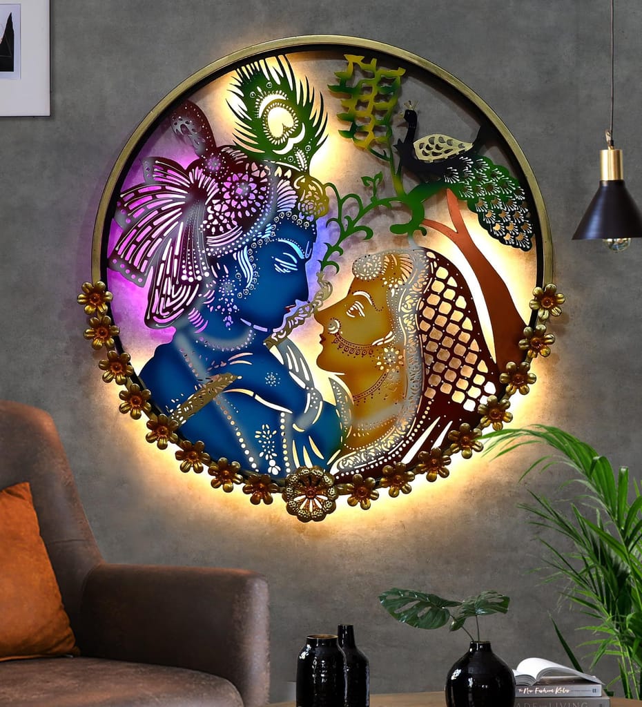Round Krishna and Radha Metal Wall Art with Peacock LED Lighting, Metal Floral Wall Hanging Perfect for Restaurant, office, caf� & gift 64X64x5 cm