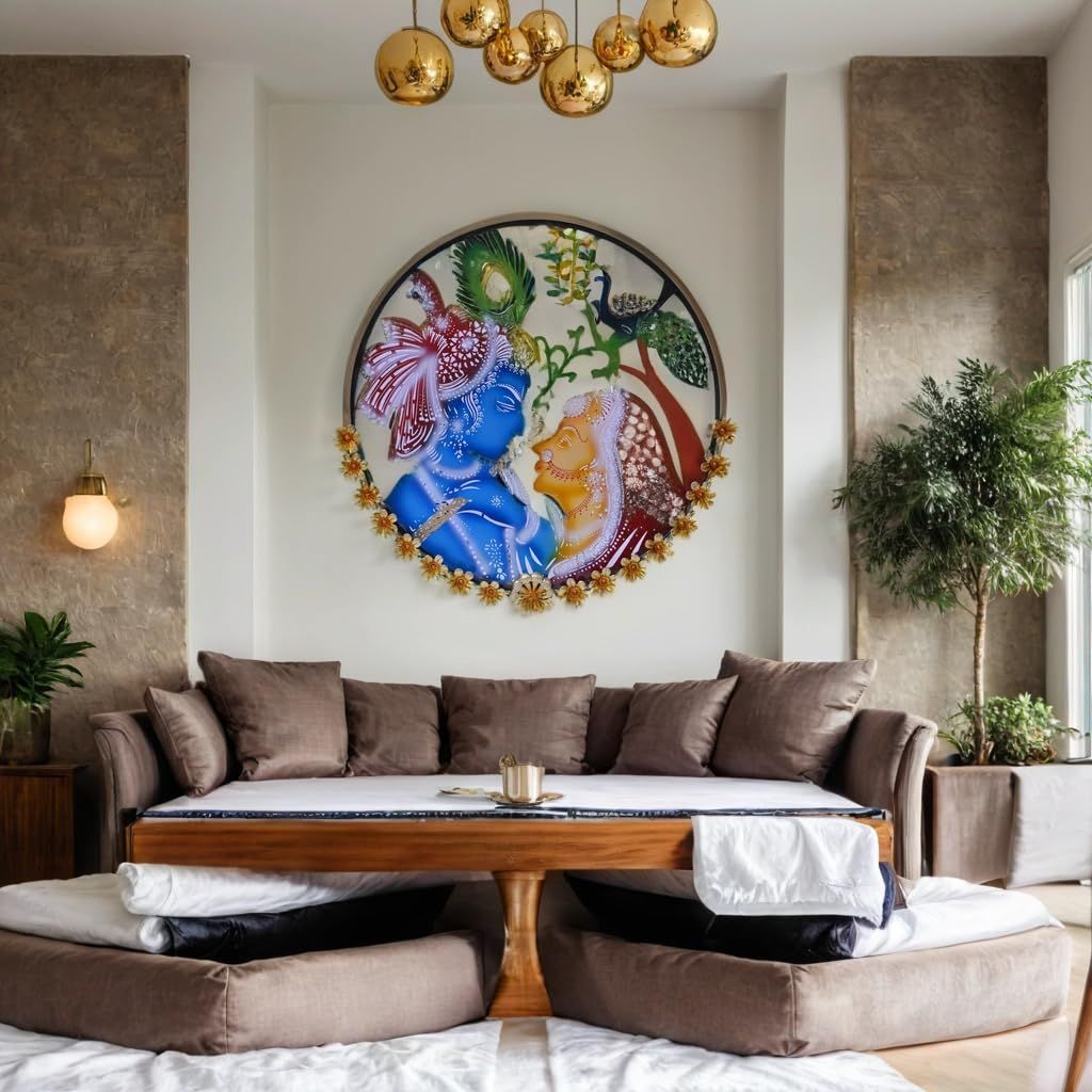 Round Krishna and Radha Metal Wall Art with Peacock LED Lighting, Metal Floral Wall Hanging Perfect for Restaurant, office, caf� & gift 64X64x5 cm