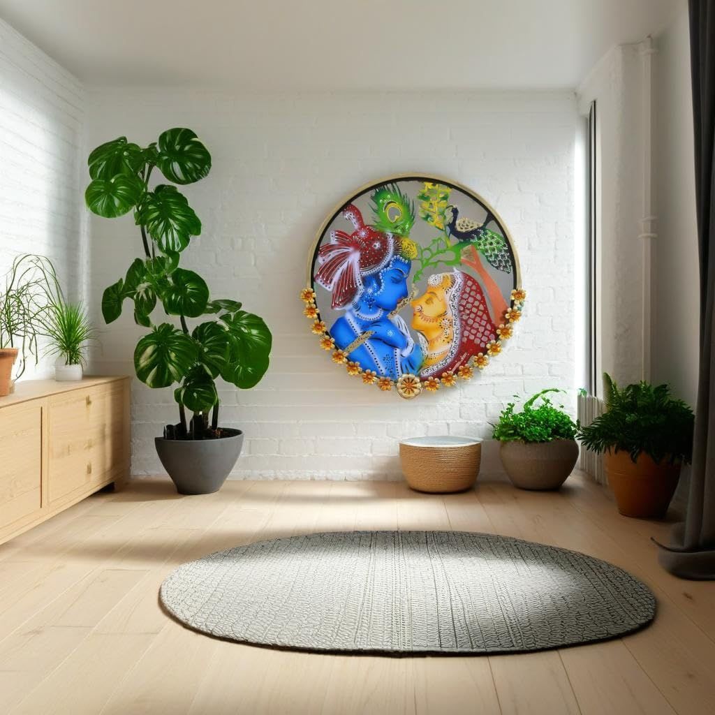 Round Krishna and Radha Metal Wall Art with Peacock LED Lighting, Metal Floral Wall Hanging Perfect for Restaurant, office, caf� & gift 64X64x5 cm