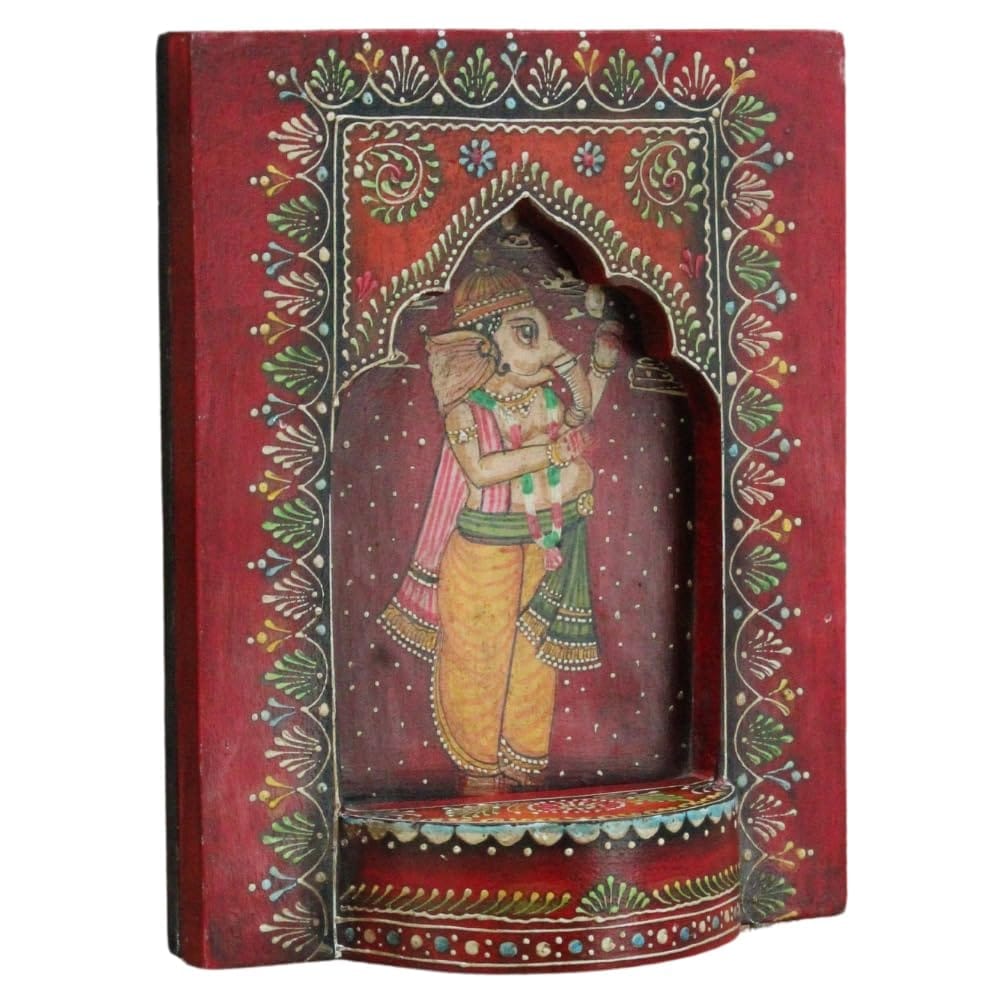 Hand-Painted Wooden Ganesha Wall Decor, Intricately Designed Red Wall Hanging, Traditional Indian Art