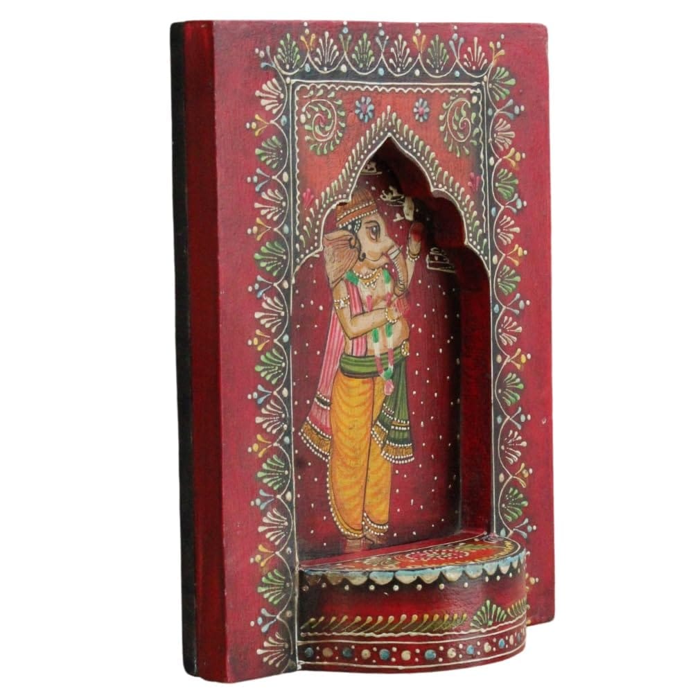 Hand-Painted Wooden Ganesha Wall Decor, Intricately Designed Red Wall Hanging, Traditional Indian Art
