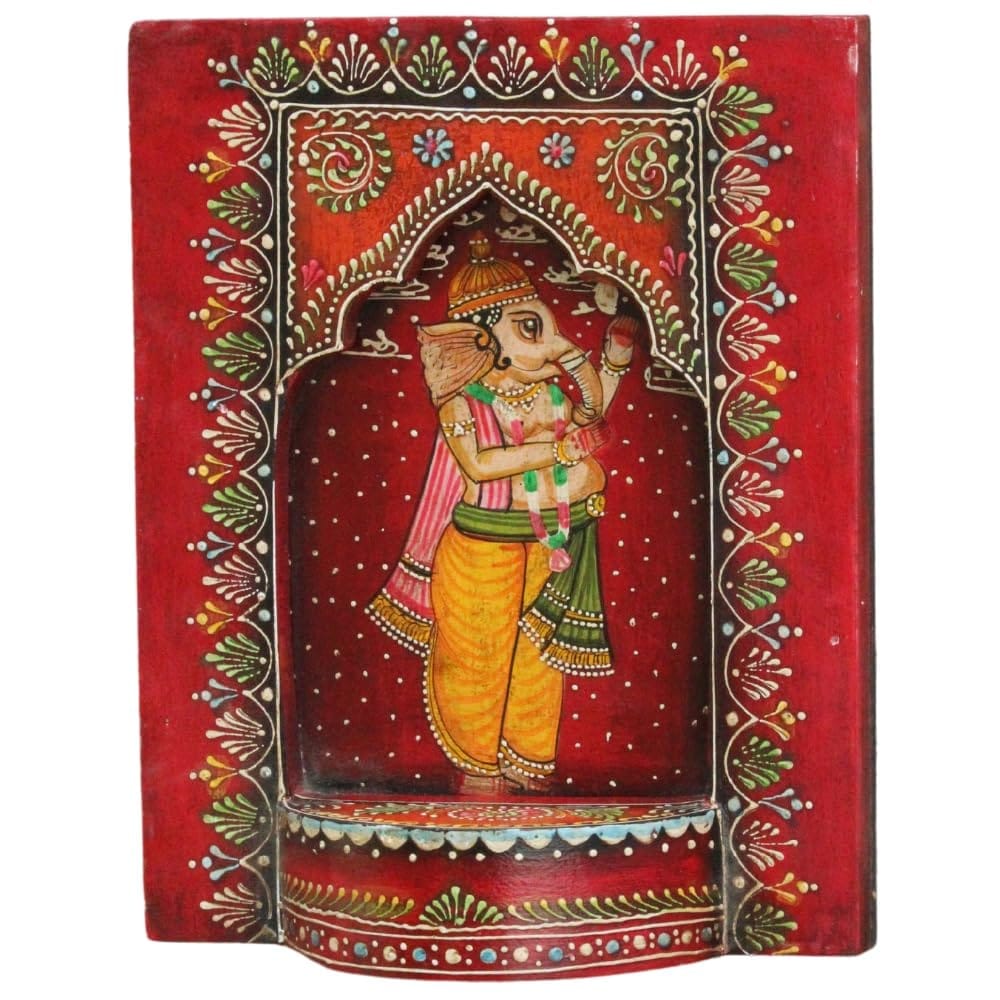 Hand-Painted Wooden Ganesha Wall Decor, Intricately Designed Red Wall Hanging, Traditional Indian Art