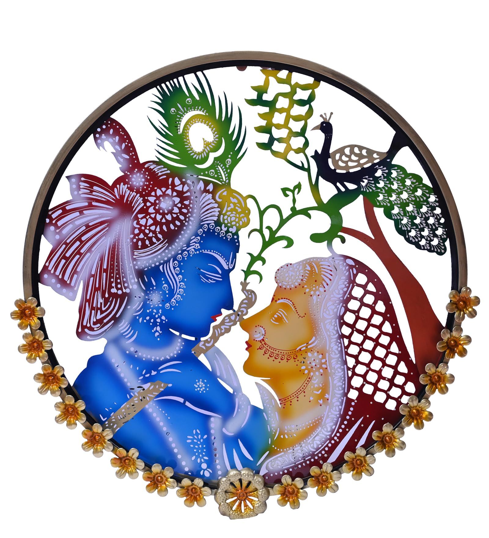 Round Krishna and Radha Metal Wall Art with Peacock LED Lighting, Metal Floral Wall Hanging Perfect for Restaurant, office, caf� & gift 64X64x5 cm