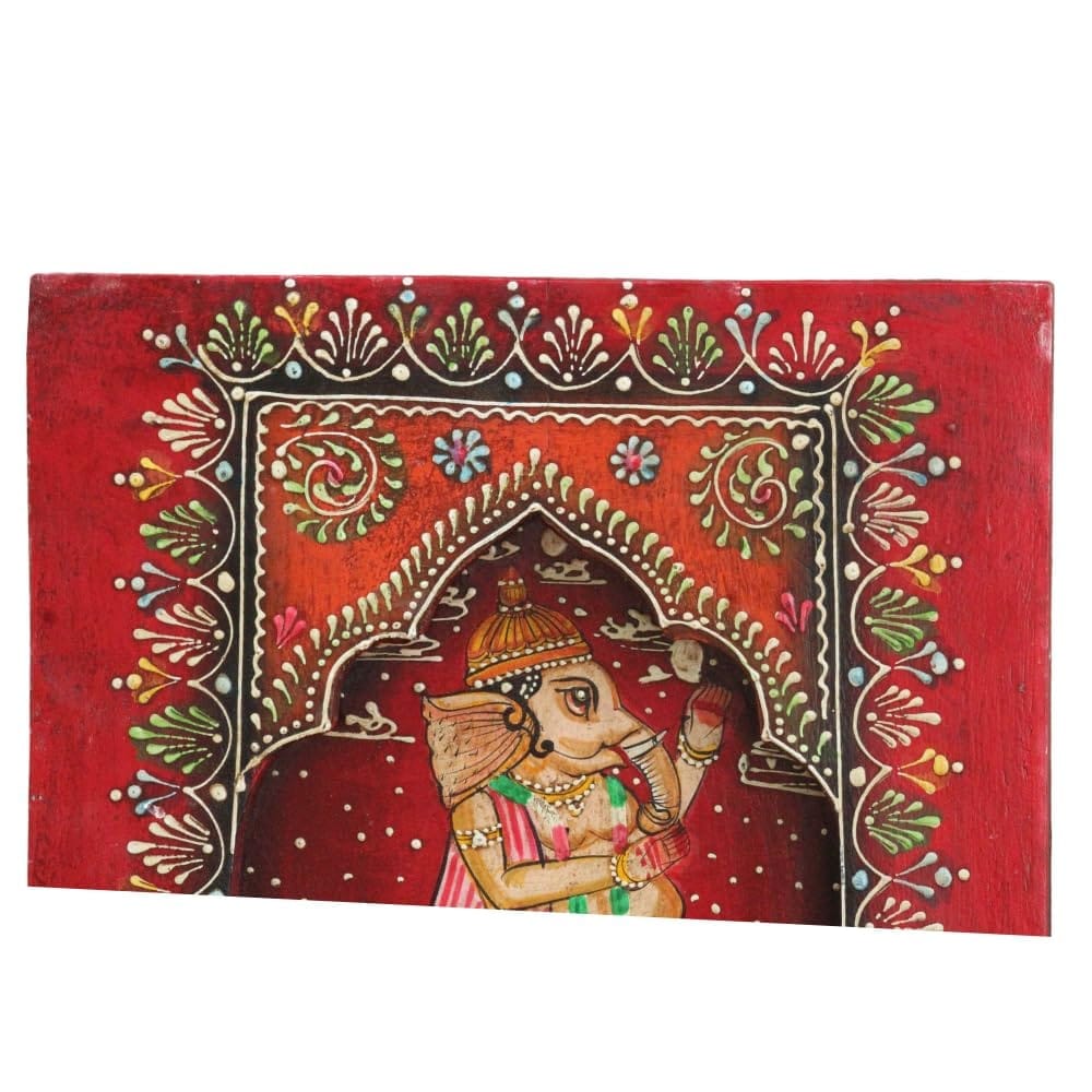 Hand-Painted Wooden Ganesha Wall Decor, Intricately Designed Red Wall Hanging, Traditional Indian Art