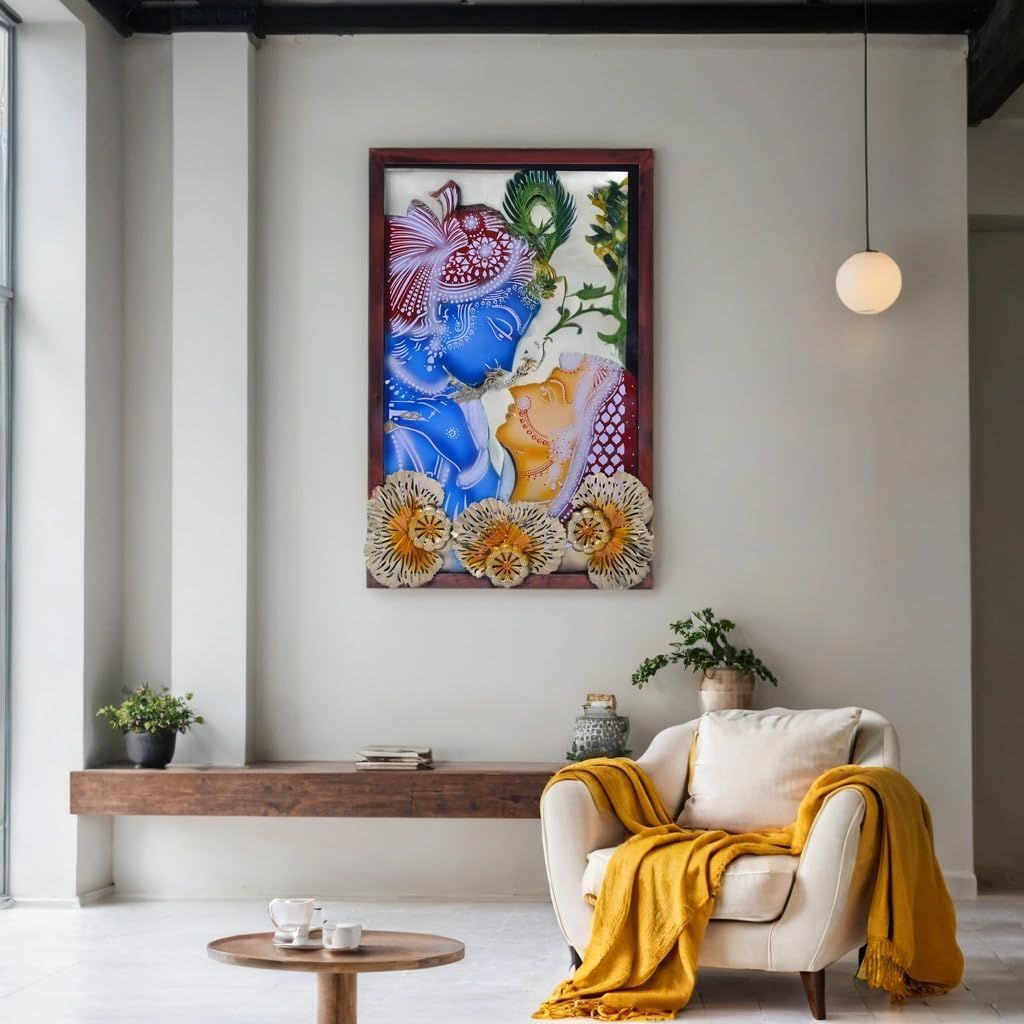 Multicolour Metal Krishna and Radha Wall Art with Backlight - LED For Home Decor