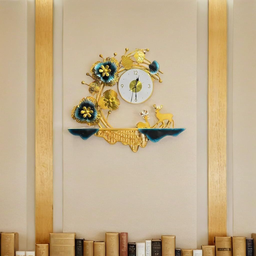 Golden Bloom Deer Elegance Metal Wall Clock with Floral Accents 27X30 INCH