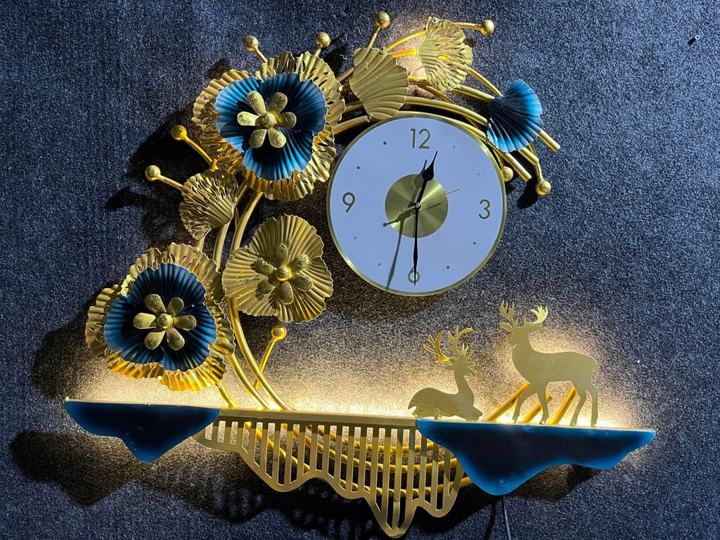 Golden Bloom Deer Elegance Metal Wall Clock with Floral Accents 27X30 INCH