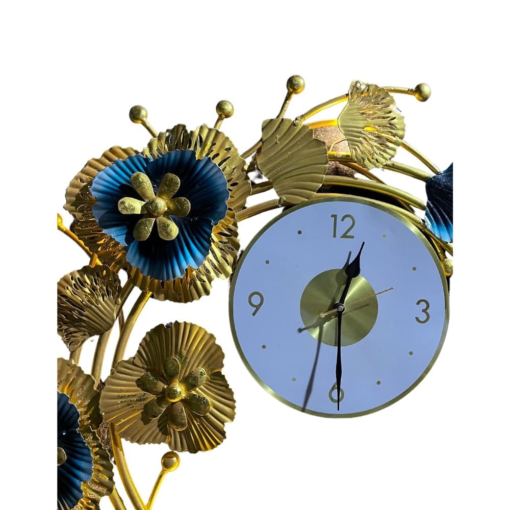 Golden Bloom Deer Elegance Metal Wall Clock with Floral Accents 27X30 INCH
