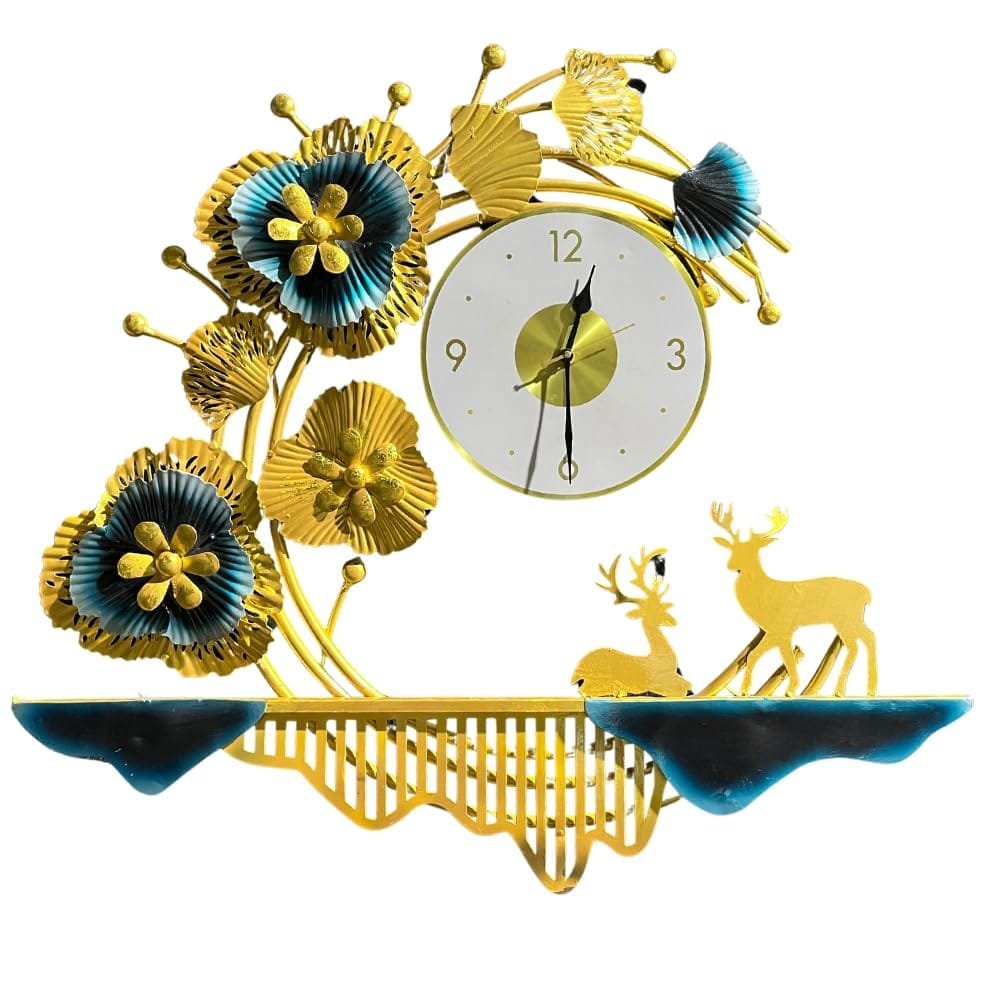 Golden Bloom Deer Elegance Metal Wall Clock with Floral Accents 27X30 INCH