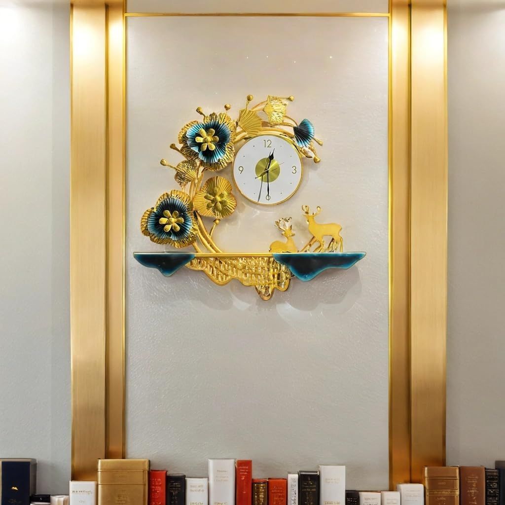Golden Bloom Deer Elegance Metal Wall Clock with Floral Accents 27X30 INCH