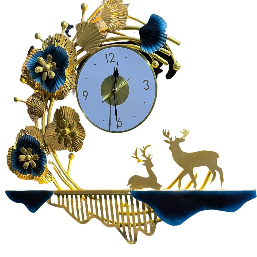 Golden Bloom Deer Elegance Metal Wall Clock with Floral Accents 27X30 INCH