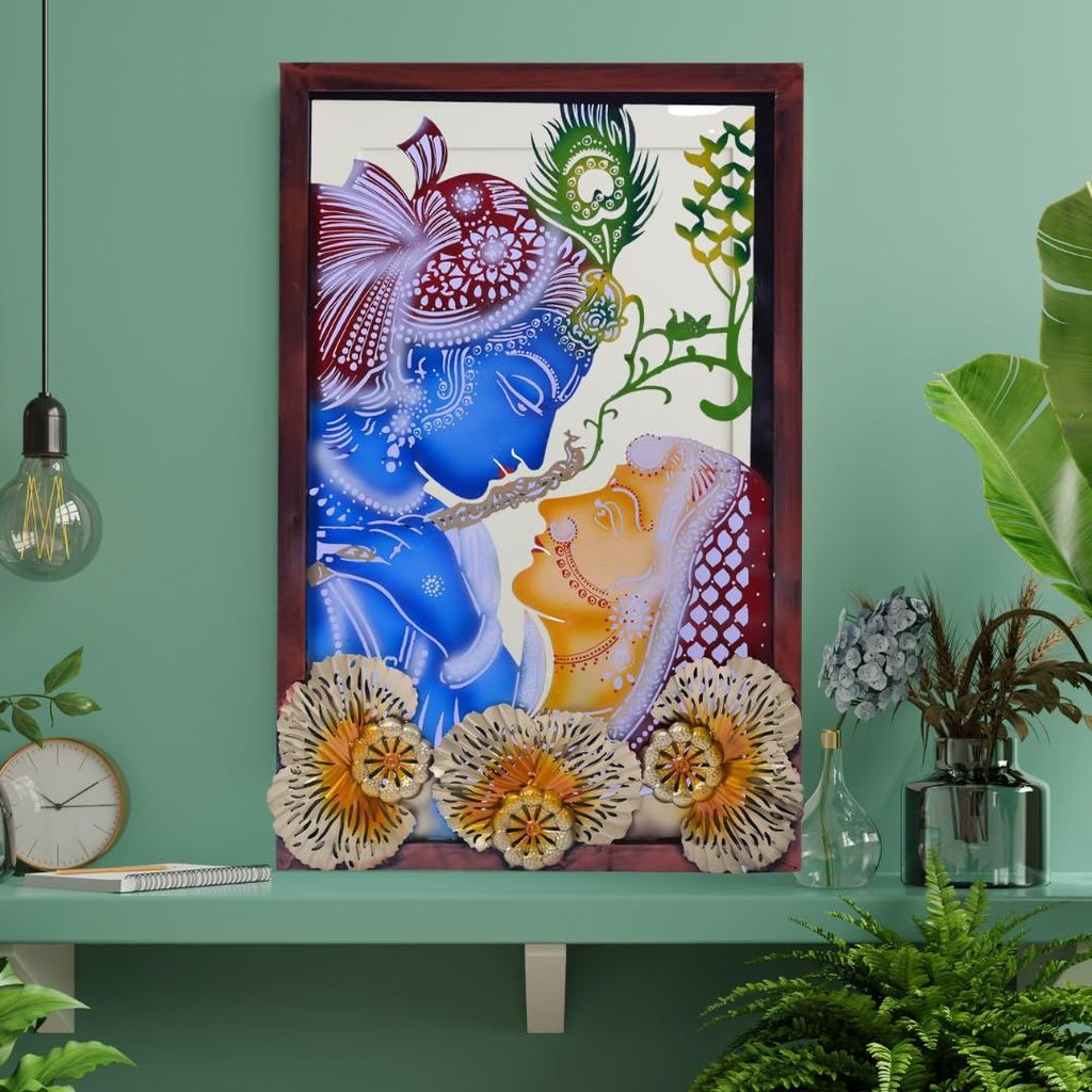 Multicolour Metal Krishna and Radha Wall Art with Backlight - LED For Home Decor