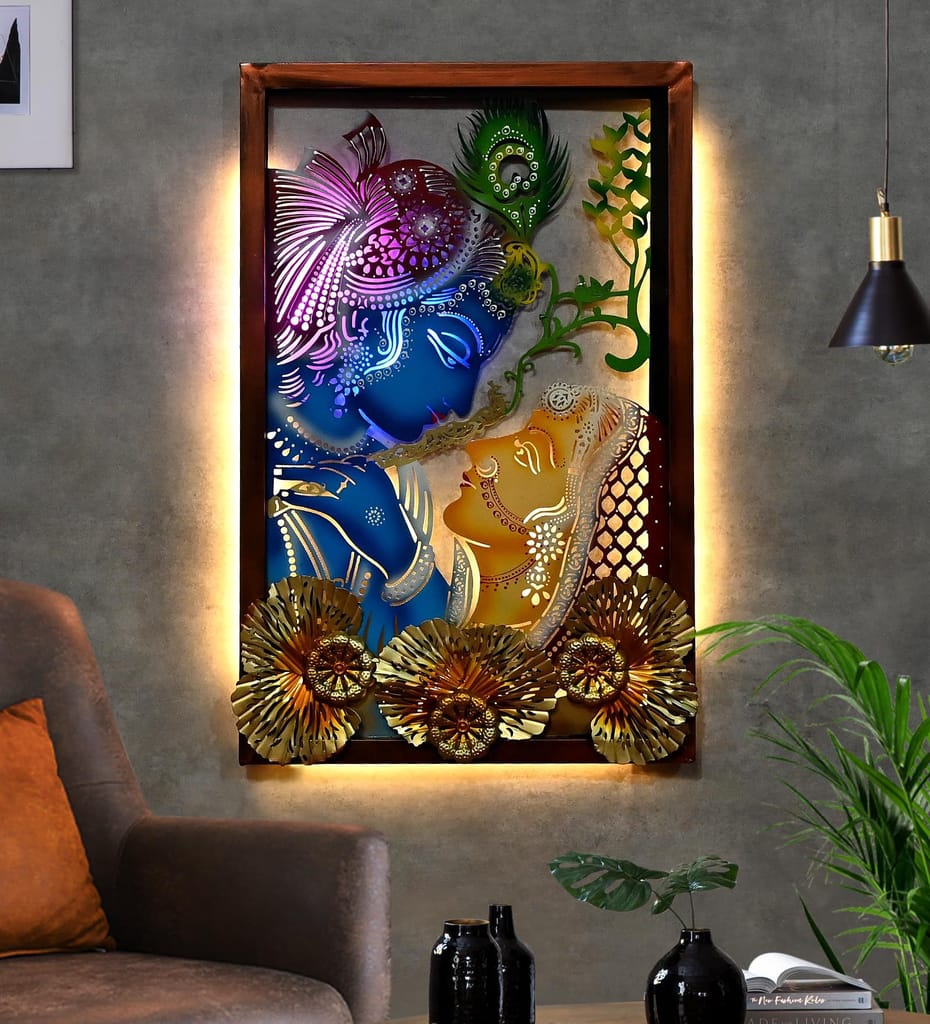 Multicolour Metal Krishna and Radha Wall Art with Backlight - LED For Home Decor