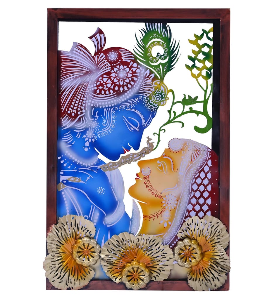 Multicolour Metal Krishna and Radha Wall Art with Backlight - LED For Home Decor