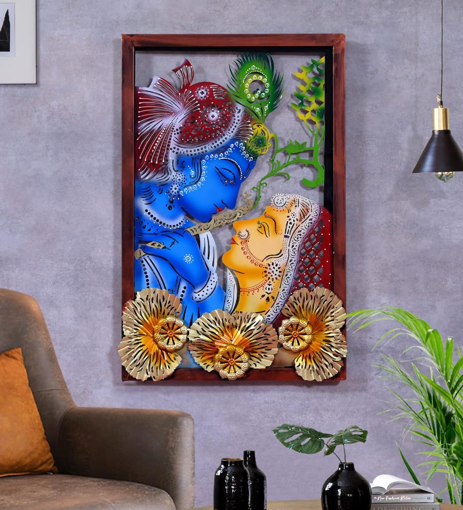 Multicolour Metal Krishna and Radha Wall Art with Backlight - LED For Home Decor