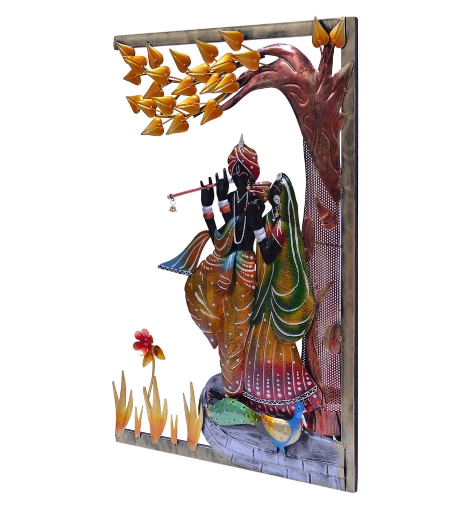 Metal Radha Krishna Wall Art with LED Lighting, Wall Panel for Home and Office Decor (Gift), Krishna Flute Metal Wall Art with Tree Design | 79x53x5 cm