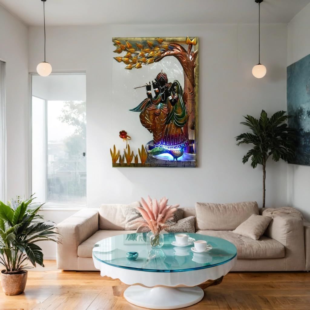 Metal Radha Krishna Wall Art with LED Lighting, Wall Panel for Home and Office Decor (Gift), Krishna Flute Metal Wall Art with Tree Design | 79x53x5 cm