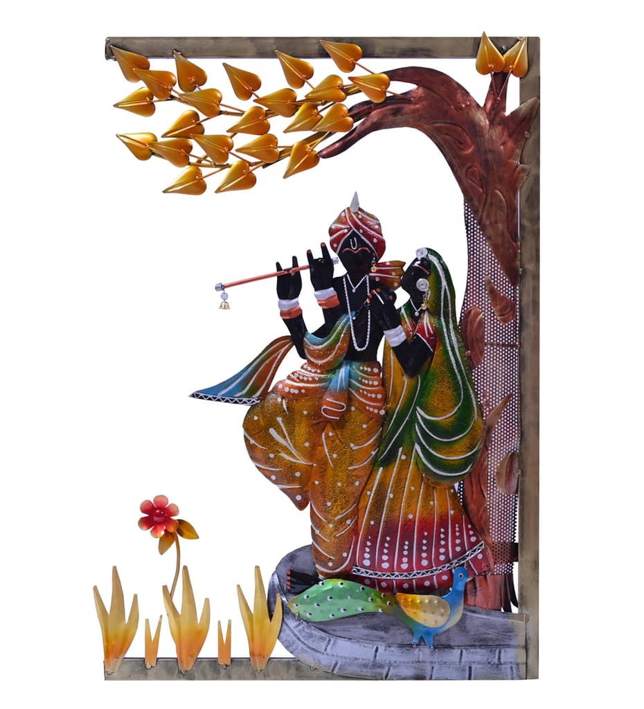 Metal Radha Krishna Wall Art with LED Lighting, Wall Panel for Home and Office Decor (Gift), Krishna Flute Metal Wall Art with Tree Design | 79x53x5 cm