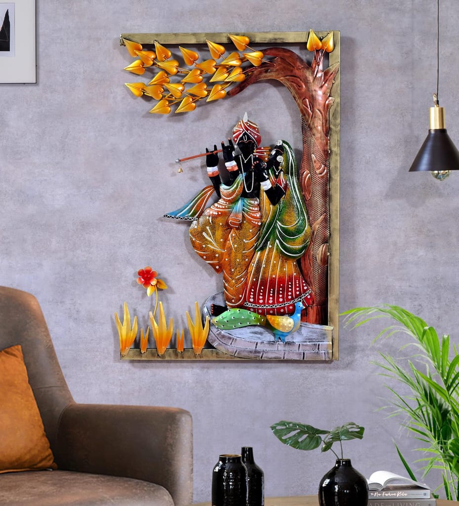 Metal Radha Krishna Wall Art with LED Lighting, Wall Panel for Home and Office Decor (Gift), Krishna Flute Metal Wall Art with Tree Design | 79x53x5 cm
