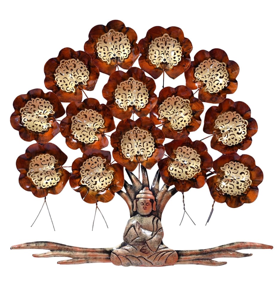 Metal Buddha Under Tree Wall Decor with Back LED light Effect,Home Decoration Metal wall art tree shape decor 66x66x5 cm, Multicolour