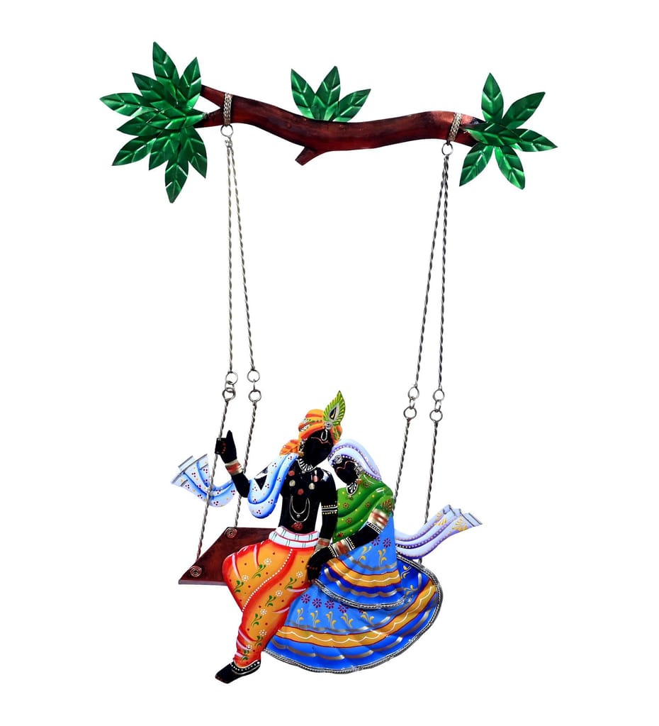 Handcrafted Iron Multicolour Krishna and Radha on Swing Wall Decor, 51L x 3D x 74H cm for Home Decor