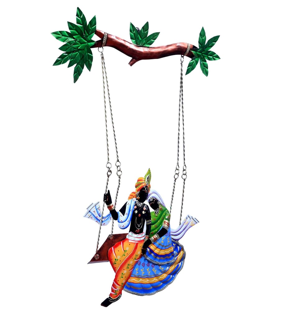 Handcrafted Iron Multicolour Krishna and Radha on Swing Wall Decor, 51L x 3D x 74H cm for Home Decor