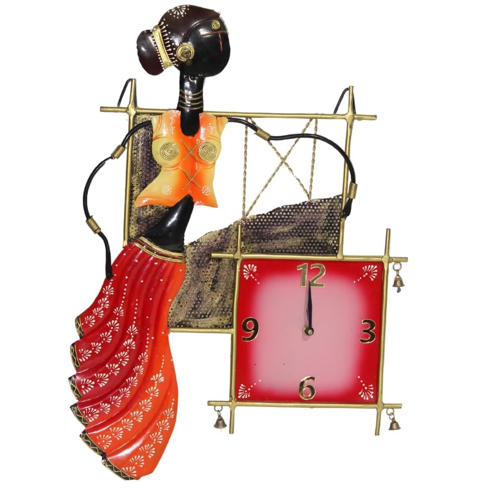 Handcrafted Metal Wall Clock with Vibrant Artistic Woman Design, 38x4x54 cm, Perfect for Living Room, Bedroom, or Office D�cor