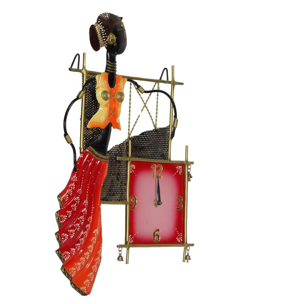 Handcrafted Metal Wall Clock with Vibrant Artistic Woman Design, 38x4x54 cm, Perfect for Living Room, Bedroom, or Office D�cor