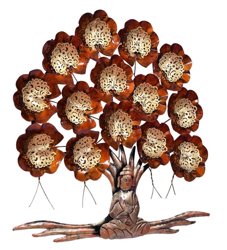 Metal Buddha Under Tree Wall Decor with Back LED light Effect,Home Decoration Metal wall art tree shape decor 66x66x5 cm, Multicolour