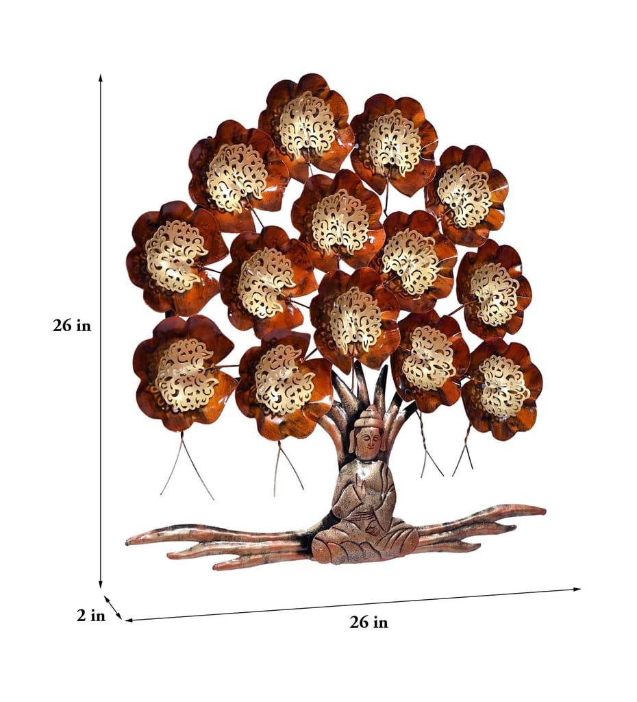 Metal Buddha Under Tree Wall Decor with Back LED light Effect,Home Decoration Metal wall art tree shape decor 66x66x5 cm, Multicolour