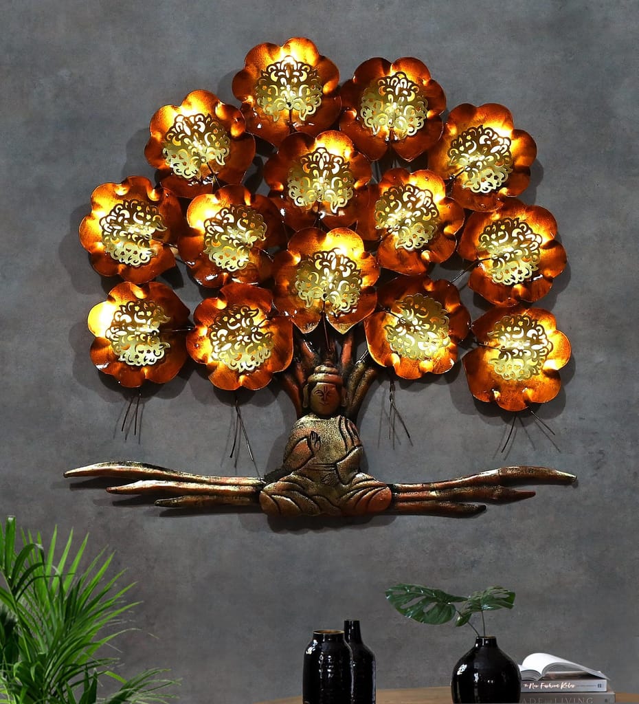 Metal Buddha Under Tree Wall Decor with Back LED light Effect,Home Decoration Metal wall art tree shape decor 66x66x5 cm, Multicolour