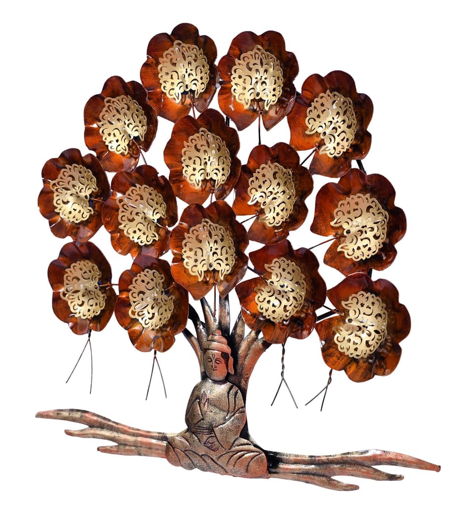 Metal Buddha Under Tree Wall Decor with Back LED light Effect,Home Decoration Metal wall art tree shape decor 66x66x5 cm, Multicolour