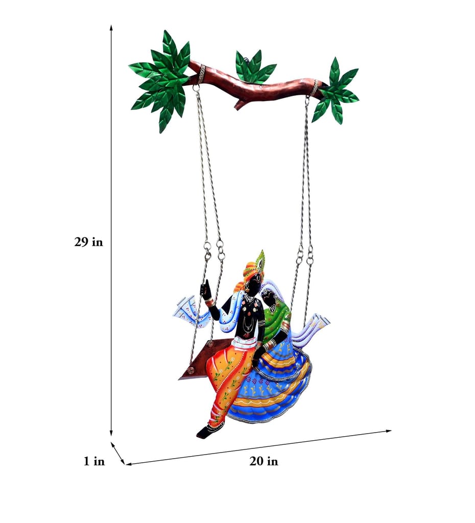 Handcrafted Iron Multicolour Krishna and Radha on Swing Wall Decor, 51L x 3D x 74H cm for Home Decor